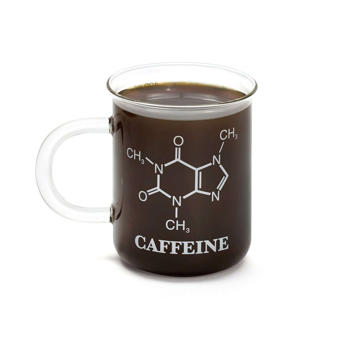 Clear Chemistry Mug with caffeine molecule design filled with coffee, perfect for science enthusiasts and unique morning routines.