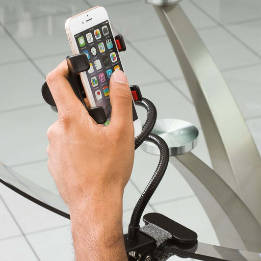 Close-up of a hand adjusting a smartphone secured in the Lazy Arm - Smartphone Holder with flexible gooseneck and claw grip clamp.