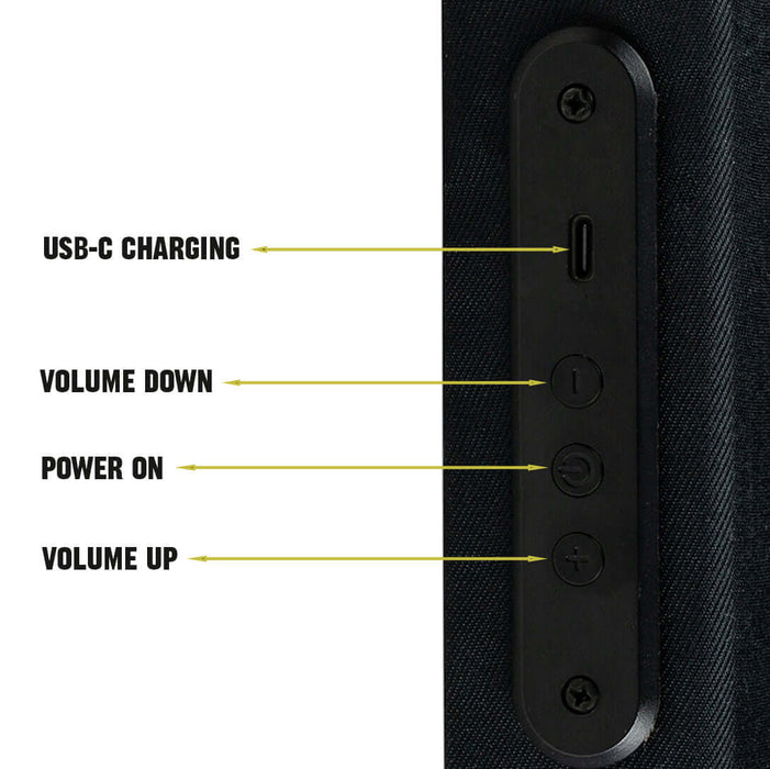 Close-up view of the control panel on the Sound Frame Bluetooth Picture Frame Speaker, showing USB-C charging, volume, and power buttons.