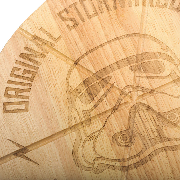 Close-up of the Original Stormtrooper Pizza Cutting Board with engraved Stormtrooper helmet design on rubber wood surface.