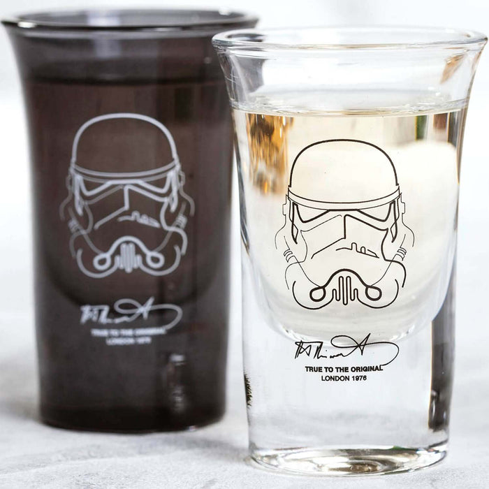 Original Stormtrooper Shot Glasses set, featuring detailed designs by Andrew Ainsworth, in black and clear glass.