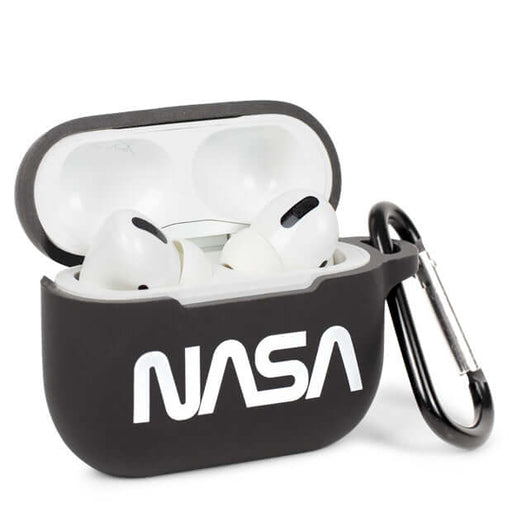 NASA Airpods Pro case in black with carabiner, featuring classic NASA logo and Airpods Pro inside.