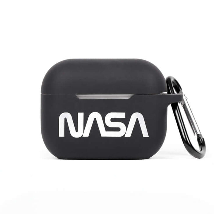 NASA Airpods Pro Case in black with white logo and carabiner for secure attachment and protection.