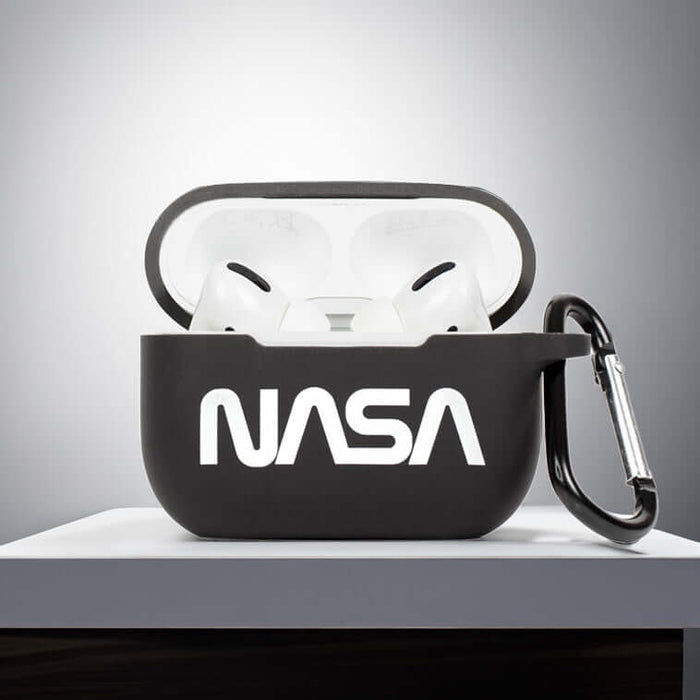 NASA Airpods Pro Case in black with white logo, featuring carabiner for easy attachment. Perfect fit for Apple Airpods Pro.