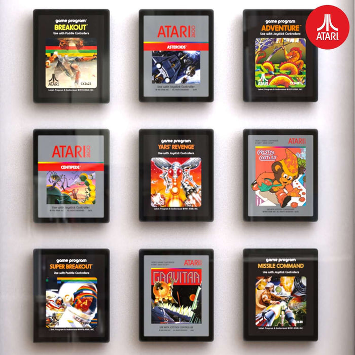 Official Atari 3D Wall Art featuring vibrant game cartridge designs from classics like Asteroids, Centipede, and Yars' Revenge.