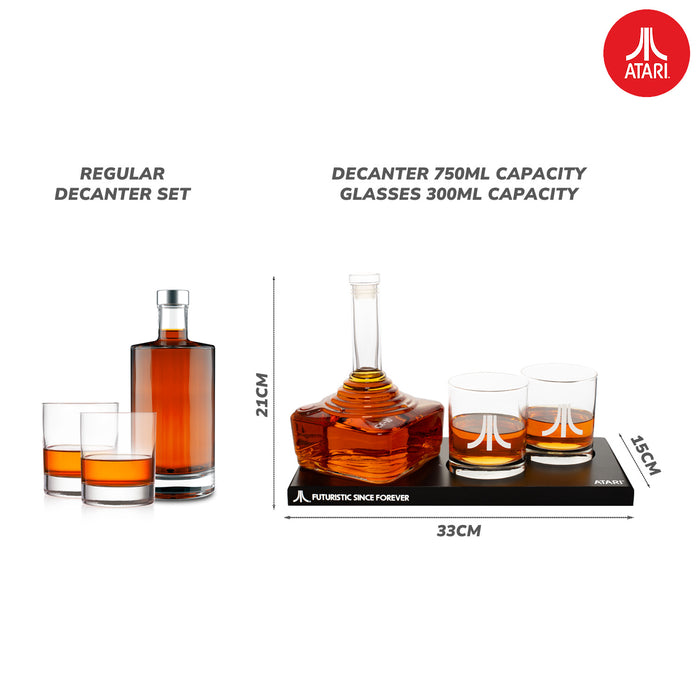 Atari joystick decanter set with glasses and tray, featuring CX-10 design and engraved logo.