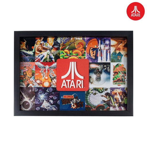 Atari Legends 3D wall art featuring iconic game cartridge designs in vibrant colors, framed for retro decor.