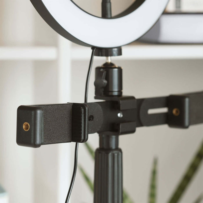 Close-up of Orb 10" Ring Light Creator Rig with adjustable smartphone holder, ideal for content creators and influencers.