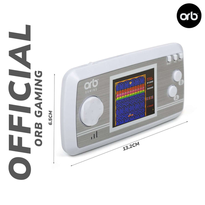 Retro Mini Handheld Console by Orb Gaming with 2.5" LCD screen and 240 built-in classic 8-bit games, shown with dimensions.