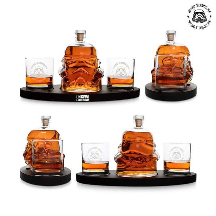 Original Stormtrooper 3D Helmet Decanter Set with Tray, featuring a 750ml decanter and 2 glasses on a black display tray.