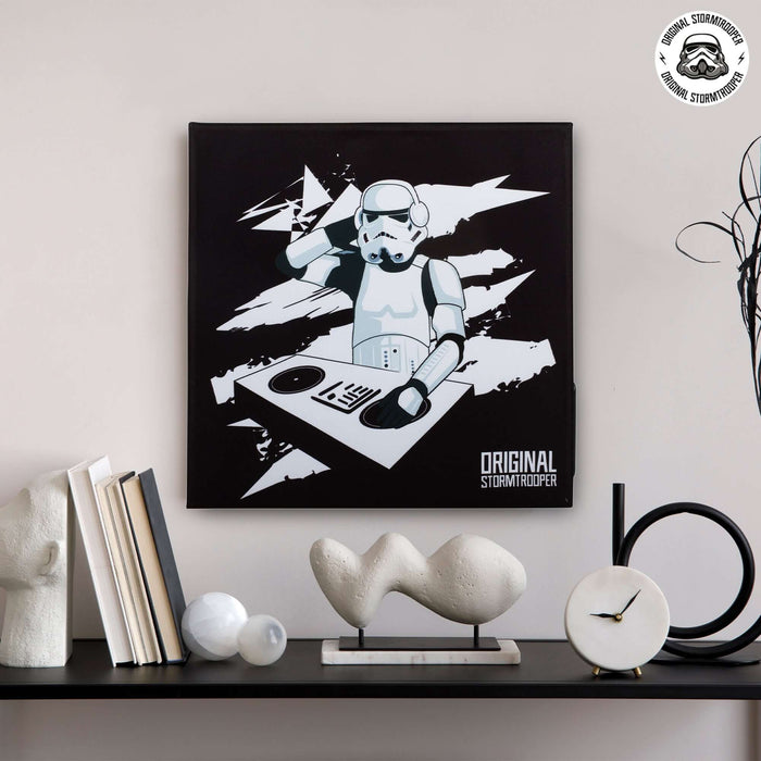 Original Stormtrooper Bluetooth Picture Frame Speaker with Star Wars DJ design on a stylish shelf.