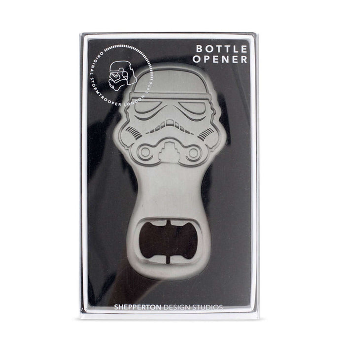 Original Stormtrooper Bottle Opener in packaging, featuring iconic helmet design by Andrew Ainsworth.