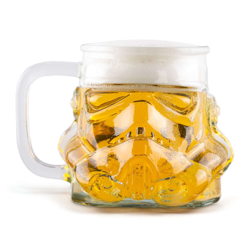 Original Stormtrooper beer glass filled with beer and foam, showcasing its unique helmet design.