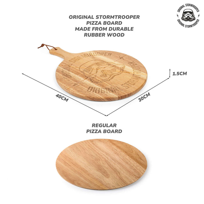 Original Stormtrooper Pizza Cutting Board engraved with Stormtrooper Helmet, crafted from eco-friendly rubber wood, compared to a regular board