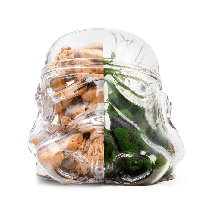 Original Stormtrooper Terrarium & Cookie Jar showcasing cookies on one side and greenery on the other, ideal for storage and decoration.