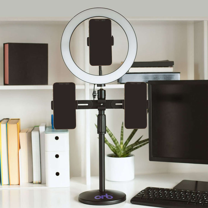 Professional 10" Ring Light Creator Rig with adjustable smartphone holder on desk, ideal for content creators and influencers.