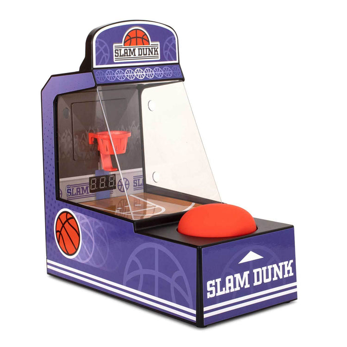 Retro Mini Arcade Basketball Game on a tabletop, featuring score display, red button, and authentic gameplay details.