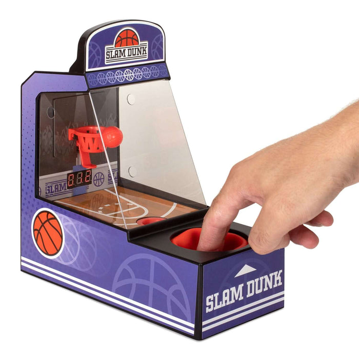 Retro Mini Arcade Basketball Game for tabletop with score counting, sound, and light effects, featuring a hand launching mini basketballs.