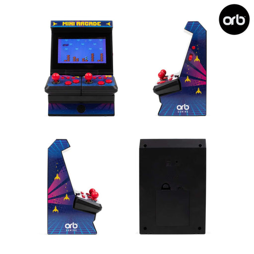 Retro Mini Arcade Machine with four views including front, side, and back angles, featuring wireless controllers and classic 8-bit game interface.