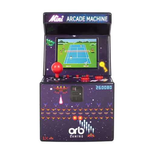 Retro Mini Arcade Machine with joystick and screen displaying 8-bit tennis game.