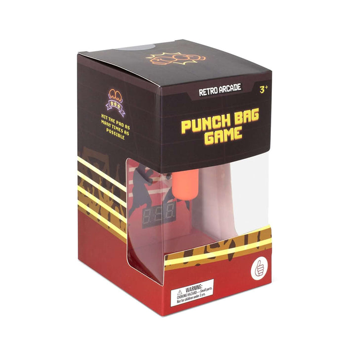 Retro Mini Punch Bag Game in packaging box showing arcade-style design, compact size, and finger-flicking gameplay mechanism.