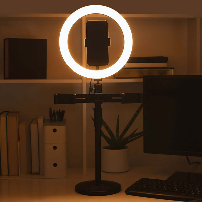 10" Ring Light Creator Rig with smartphone holder on desktop setup, perfect for content creators and influencers.