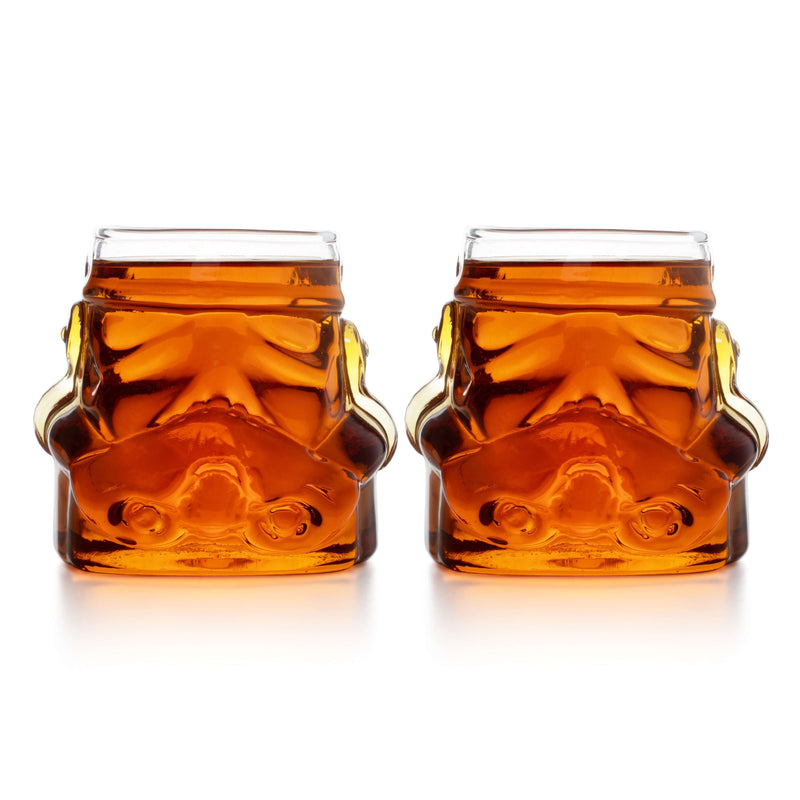 Set of 2 Stormtrooper Whisky Glasses with 300ml capacity featuring iconic helmet design filled with amber liquid