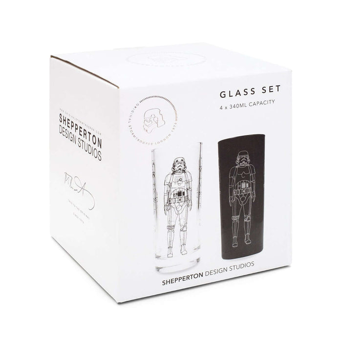 Original Stormtrooper Tumbler Glasses set packaging featuring 4 glasses with iconic line art design.