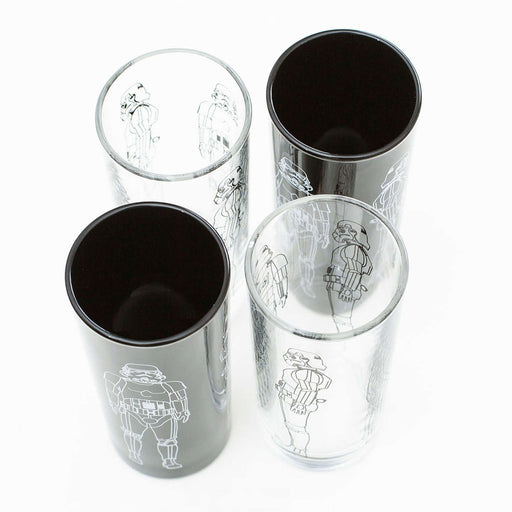 Set of 4 Original Stormtrooper Tumbler Glasses featuring black and clear designs with iconic line art.