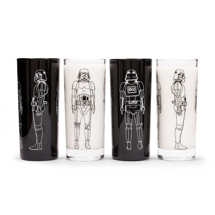 Set of 4 Original Stormtrooper tumbler glasses featuring black and clear designs with iconic line art.