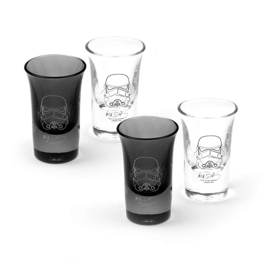 Set of four Original Stormtrooper shot glasses featuring detailed designs in black and clear glass.