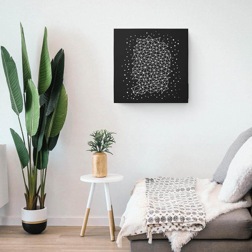 Sound Frame - Bluetooth Picture Frame Speaker with white web print on black background, styled as wall art in modern living room.