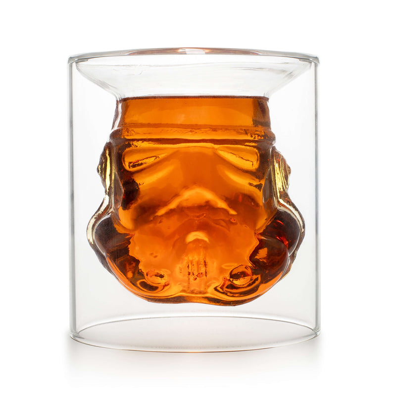 Stormtrooper 3D Inverted Whiskey Glass filled with whiskey, showcasing the iconic Stormtrooper helmet design - 150ml capacity.