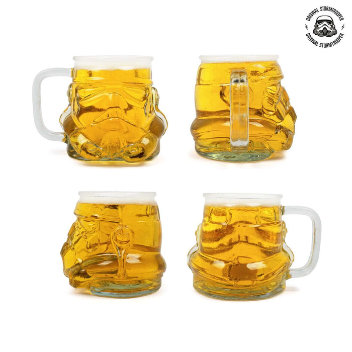 Original Stormtrooper beer glass showing four angles, crafted in the shape of the iconic Stormtrooper helmet.