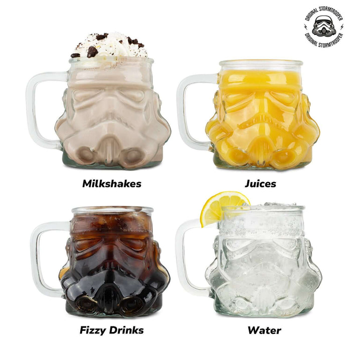 Original Stormtrooper beer glass featuring milkshakes, juices, fizzy drinks, and water in helmet designs.