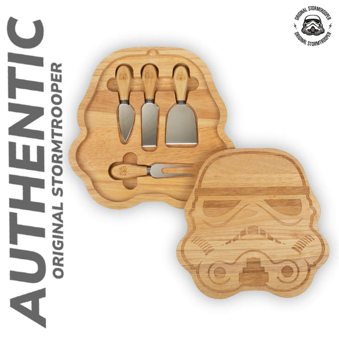 Original Stormtrooper cheeseboard set with themed knives, featuring helmet design for Star Wars fans and cheese enthusiasts.