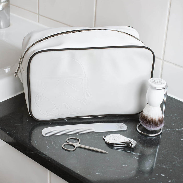 Original Stormtrooper Grooming Set with wash bag, comb, scissors, shaving brush, and nail clippers on a dark countertop.