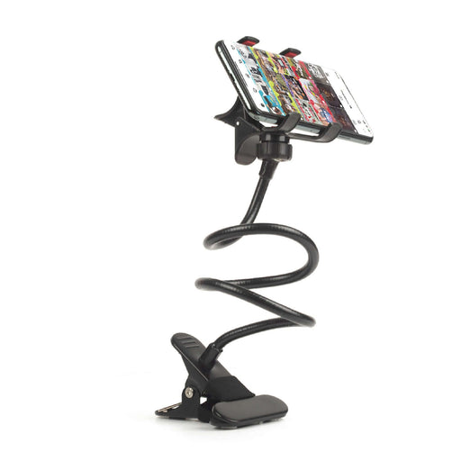 Sturdy gooseneck Lazy Arm smartphone holder secured to a surface, displaying a smartphone in a flexible claw grip clamp.