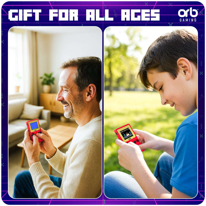 An adult and a child enjoying the Retro Mini Handheld Games Console (150 Games) indoors and outdoors.