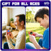 An adult and a child enjoying the Retro Mini Handheld Games Console (150 Games) indoors and outdoors.