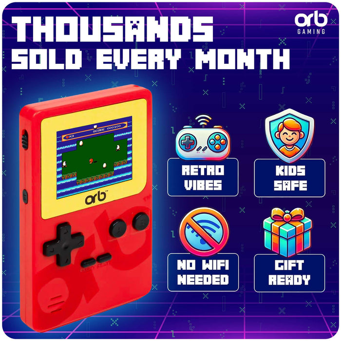 Orb Retro Mini Handheld Games Console with colorful display and features highlighting retro gaming, kid-safe design, and no WiFi needed.