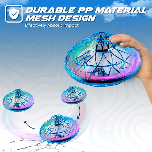 UFO Drone with durable PP mesh design, showing impact absorption and hand control features in action.