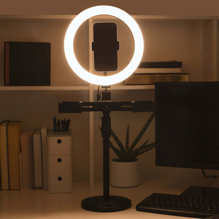 10" Ring Light Creator Rig with adjustable smartphone holder, USB-powered, remote-controlled for professional content creation.